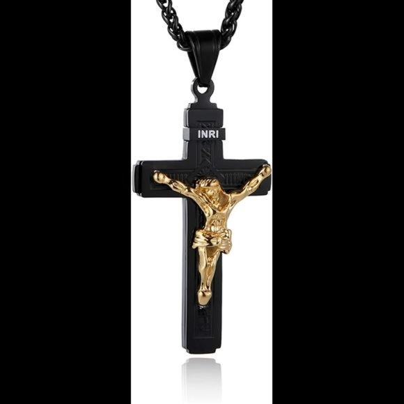 Catholic Jesus Christ on INRI Cross Crucifix Gold Silver Pendant Necklace 22" - Picture 4 of 4